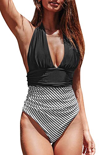 BUOYDM Trajes de una Pieza Mujeres Cintura Alta Rayas Cuello en V de Baño Trajes Bañador Conjunto de Bikini Push up Negro S