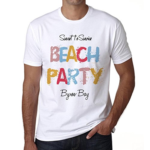 Byron Bay, Beach Party, Fiesta en la Playa, Camiseta para Las Hombres, Manga Corta, Cuello Redondo, Blanco