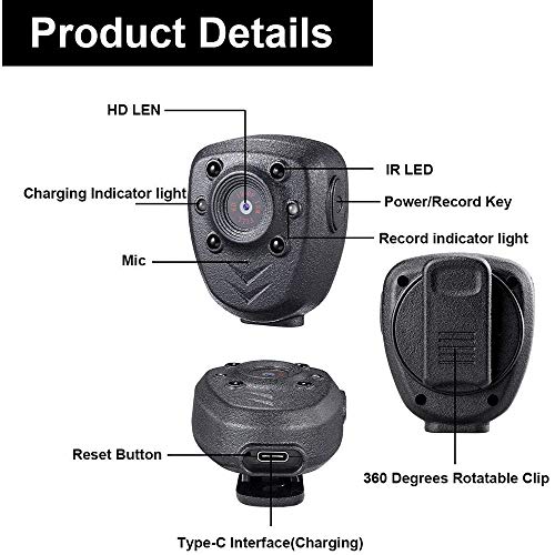 Cámara portátil montada en el Cuerpo, Mini videocámara DEXILIO 1080P con visión Nocturna, pequeña cámara Deportiva para Interiores y Exteriores, Tarjeta incorporada de 32 GB (sin WiFi)