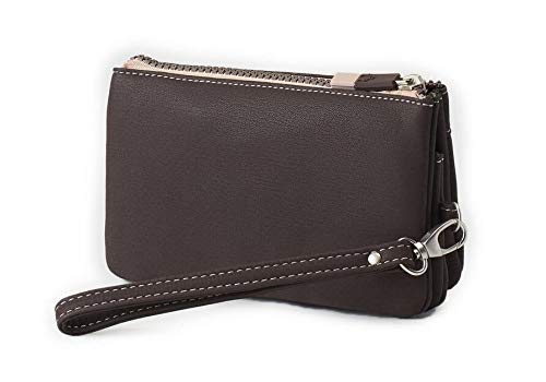 CAMINATTA Bolso de Mano Mujer Monedero Pouch Asa 3 Compartimentos Cartera Cierre Cremallera Gran Capacidad Tarjetero Neceser Sintético 10X17X4 (Marrón)