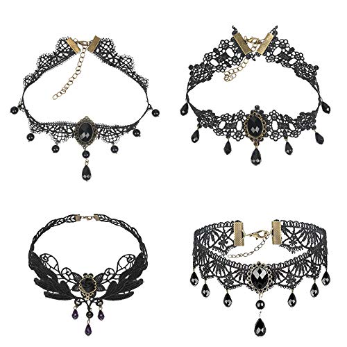 Collar de Encaje Negro,CHIFOOM 4PCS Conjunto de Collar de Encaje de Moda Niñas Retro Lolita Negro Accesorios de Joyería Festival de Música Fiesta Temática Juego de Roles Belleza Blogger