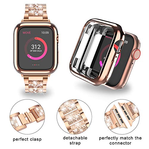 Correa compatible con Apple Watch Correa de pulsera de metal de repuesto con diamantes de imitación, correa de pulsera de metal para joyería con estuche, para mujeres y hombres,Champagne gold,44mm