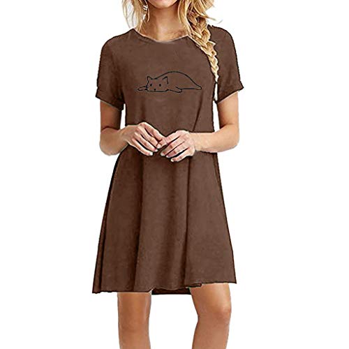 COZOCO Mujer Verano De Playa Vestido De Verano Vestidos Mujer Casual Verano Mujer Camiseta AlgodóN Casual Tallas Grandes Vestido De Tallas Grandes De Playa(café,EU-38/CN-L)