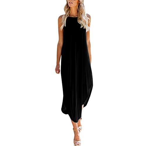 COZOCO Vestido Largo para Damas Fiesta de Noche Ropa de Algodón Informal Vestido Sexy y Elegante sin Mangas de Verano y con Eslinga de Color Sólido（Negro，S）