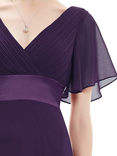 Ever-Pretty A-línea Vestido de Noche Cuello en V Manga Corta Gasa Corte Imperio para Mujer Morado Oscuro 50