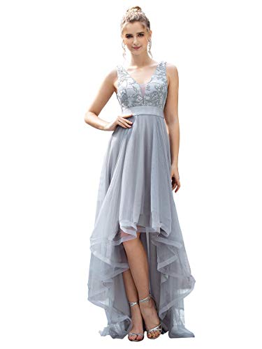 Ever-Pretty Asimétrico Vestido de Fiesta Largo Mujer Tul Lentejuelas Alto Bajo Escote V A-línea Imperio Gris 46