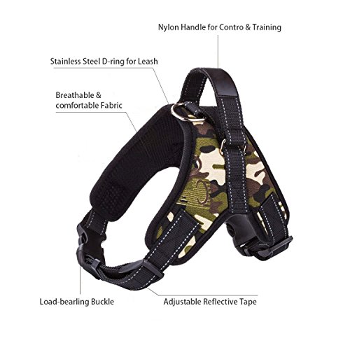 FancyWhoop Perros Pecho de Arnés Mascotas Reflectante Antitranspirante Acolchado Dog Vest Harness Ajustable Arnes Seguridad Chaleco Cabestro-Camouflage Green-L