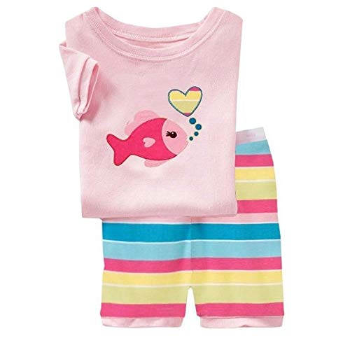 Fansu Pijamas Enteros de Manga Corta para Niños, Bebé Pijamas Dos Piezas Juego Verano Suave y Cómoda Ropa Algodón de Ajuste Niño Niña Camisetas y Pantalones (120cm,Pez Rosa)