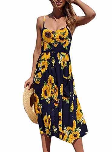 FASTYLING Vestido de verano retro con cuello en V de una línea sin mangas con botones en la espalda Vestido de playa con girasol Vestido de tirantes