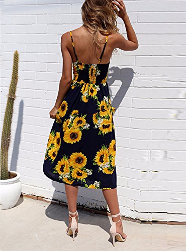 FASTYLING Vestido de verano retro con cuello en V de una línea sin mangas con botones en la espalda Vestido de playa con girasol Vestido de tirantes