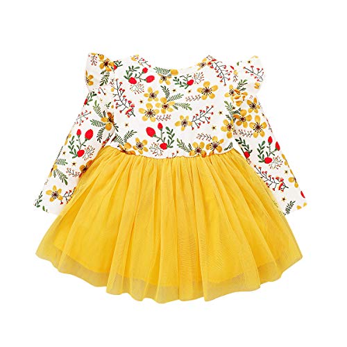 FYMNSI Vestido de manga larga para bebé con estampado floral de algodón, tutú, vestido de princesa, vestido de fiesta, otoño, para sesiones de fotos. amarillo 18 Meses