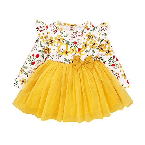 FYMNSI Vestido de manga larga para bebé con estampado floral de algodón, tutú, vestido de princesa, vestido de fiesta, otoño, para sesiones de fotos. amarillo 18 Meses