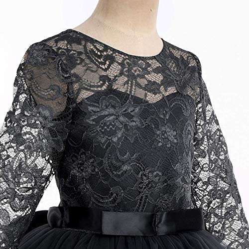 FYMNSI Vestido largo de noche para niñas de 2 a 14 años, para bodas, damas de honor, de fiesta, tul princesa, encaje, manga 3/4, vestido de cóctel, primera comunión, baile Negro 7-8 Años