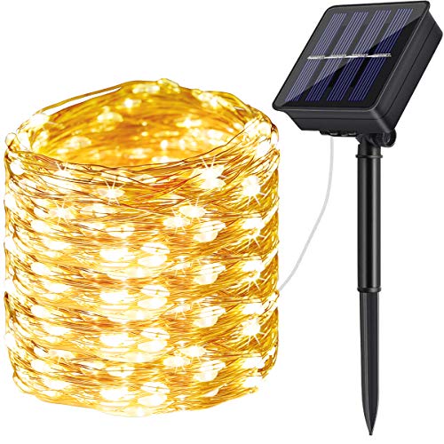 Guirnalda Luces Exterior Solar,DeepDream 200LED 20m 8 Modos Cadena de Luces de Alambre de Cobre,Guirnaldas luminosas Solar Impermeable para Navidad, Fiestas, Bodas, Patio, Jardines(Blanco Cálido)