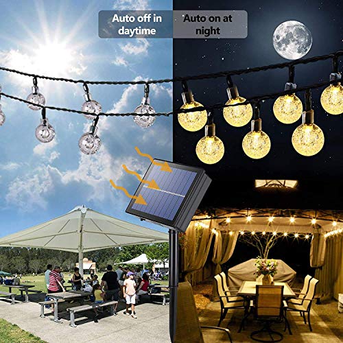 Guirnalda Luces Solares Exterior, BrizLabs 20M 100 LED Cadena de Luces Solar Bola de Cristal Impermeable 8 Modos Interior Luces Navidad Iluminación para Jardín Terraza Patio Boda Fiesta, Blanco Cálido