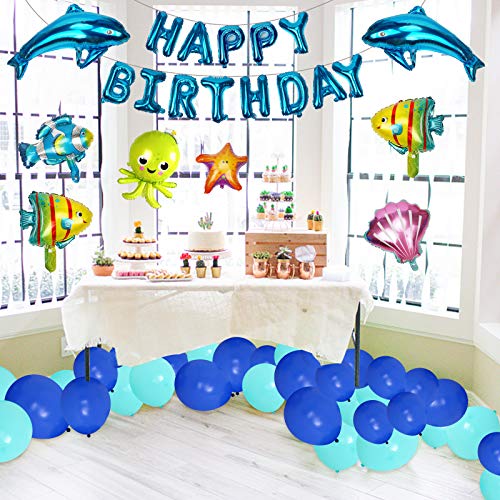 Herefun 67 piezas Globos Decoraciones Para Fiestas de Cumpleaños Azules blanco, tema sea delfín Pez payaso cáscara, Para Niño Niña infantiles 1, 2 años Adornos birthday, Bodas, Baby Shower