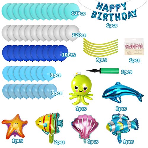 Herefun 67 piezas Globos Decoraciones Para Fiestas de Cumpleaños Azules blanco, tema sea delfín Pez payaso cáscara, Para Niño Niña infantiles 1, 2 años Adornos birthday, Bodas, Baby Shower