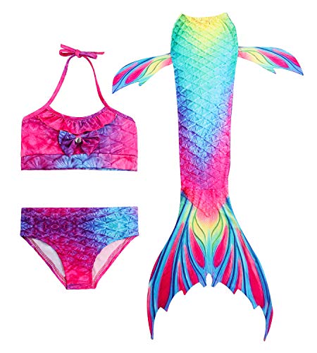 Hifunbay Cola de Sirena Niña para Nadar Incluido Traje de Sirena Baño de Bikini de 3 Piezas y Diadema con Guirnaldas de Flores sin monoaleta (DH02-B07, 110)