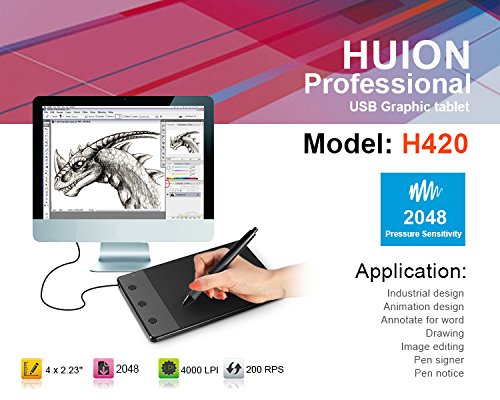 Huion H420 Tableta de Dibujo de Gráficos 4 x 2.23 Pulgadas Tablero de Dibujo de Gráficos Incluye USB Art Design Graphics Digital Pen con teclas de acceso rápido