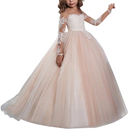 IBTOM CASTLE Vestido de niña de Flores para la Boda Niñas Niños Largo Gala Encaje De Ceremonia Fiesta Elegantes Comunión Paseo Baile Pageant #8 Rosa Floral 6-7 años