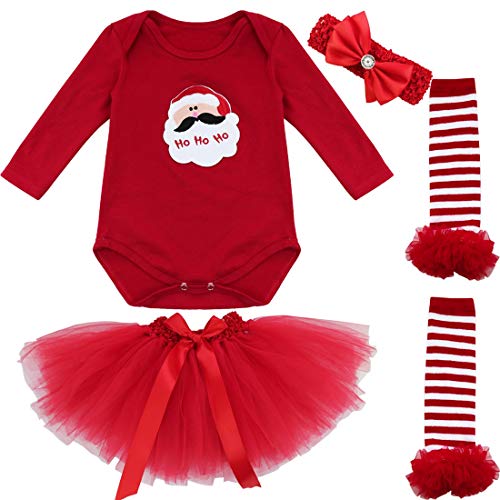 IEFIEL Conjuntos de Vestidos Navidad para Bebé Disfraz Carnaval Body de Papá Noel Pelele Manga Larga+Tul Tutú+Diadema+Calcetínes+Zapatos Romper para bebé Recien Nacido Papá Noel 6-9 Meses