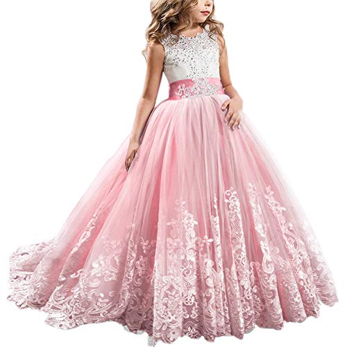 IWEMEK Princesa Appliques de Encaje Tul Vestido de Niña de Flores Boda Vestidos de Dama De Honor Vestido de Fiesta Bowknot Comunión Cumpleaños Bola Navidad Pageant Maxi Cóctel Fotografía 12-13 Años