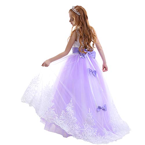 IWEMEK Princesa Appliques de Encaje Tul Vestido de Niña de Flores Boda Vestidos de Dama De Honor Vestido de Fiesta Bowknot Comunión Cumpleaños Bola Navidad Pageant Maxi Cóctel Fotografía 10-11 Años