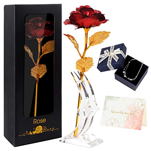 Joyhoop Rosa Eterna, Rosa Cristal con Base y Tarjeta de Felicitación, Rosa Regalos Originales para Mujer, Regalos dia de la Madre, Regalos para mama, Regalos para Mujer.(Perfecto Regalos y Decoración)