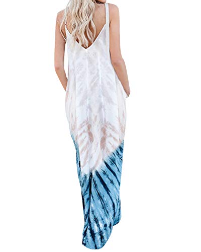 kenoce Vestidos Largos Mujer Vestidos Playa Cuello en V Bohemia Estilo Estampados Florales con Bolsillos Vestido sin Mangas Vestido sin Espalda Sexy y Elegante D-Blanco M