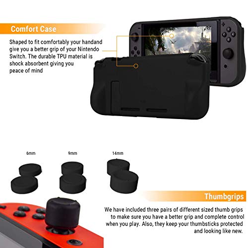 Kit Accesorios para Nintendo Switch – Orzly Geek Pack con: Funda y Protector de Pantalla Switch, Empuñaduras & Volante para mandos Joy-con, Una Base de Carga USB y Un Soporte portátil, y más. [Negro]