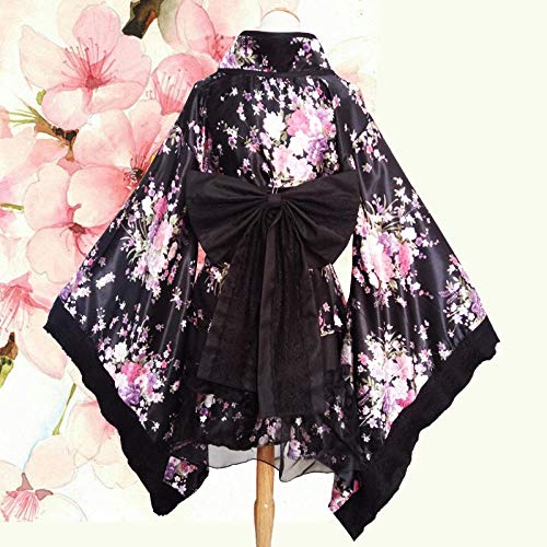 Las Mujeres S Atractivo del Kimono Sakura Anime del Traje De Kimono Japonés Tradicional De Impresión De La Vendimia Tradición Original Seda Yukata Vestido S-XXXL Hyococ (Color : Black, Size : XXXL)