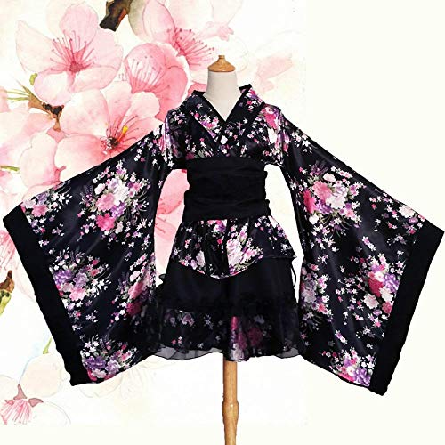 Las Mujeres S Atractivo del Kimono Sakura Anime del Traje De Kimono Japonés Tradicional De Impresión De La Vendimia Tradición Original Seda Yukata Vestido S-XXXL Hyococ (Color : Black, Size : XXXL)