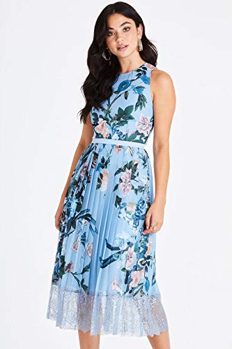 Little Mistress Rori Blue Floral Midi Dress with Lace Vestido Fiesta Mujer, Azul (Multi 001), 36 (Talla del Fabricante: 8)