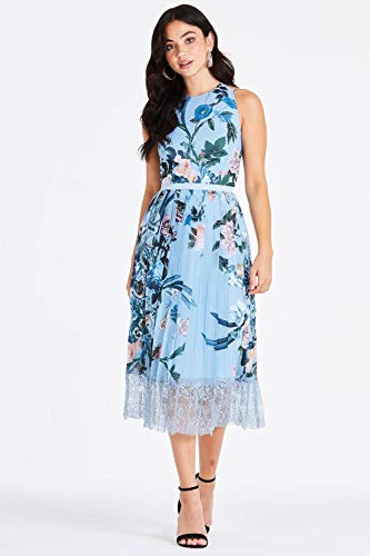 Little Mistress Rori Blue Floral Midi Dress with Lace Vestido Fiesta Mujer, Azul (Multi 001), 36 (Talla del Fabricante: 8)