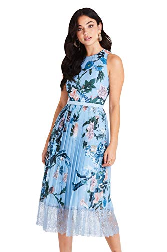 Little Mistress Rori Blue Floral Midi Dress with Lace Vestido Fiesta Mujer, Azul (Multi 001), 36 (Talla del Fabricante: 8)