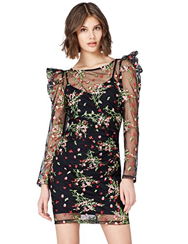 Marca Amazon - find. Vestido con un Hombro al Aire de Terciopelo Mujer, Negro (Black Multi Multicoloured), 36, Label: XS