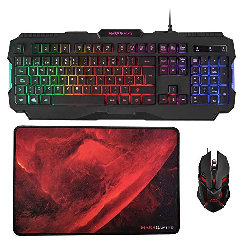 Mars Gaming MCP118, Pack Iluminación RGB de Teclado, Ratón y Alfombrilla Gaming, USB Alámbrico, Negro