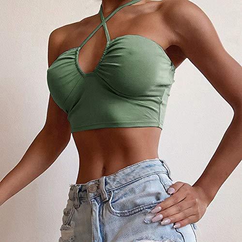 Mini Camisola Sexy Mujer Verano Crop Top Halter sin Mangas Hombro Descubierto de Tirantes Cuello en V Profundo Ombligo al Aire Bluse Sexy de Color Sólido Clubwear (Verde, S)