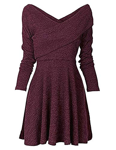 Moda Mujer Bolsillo Manga Larga Casual Loose Camiseta Vestido de Fiesta de Noche Rojo ES 38