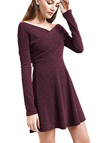 Moda Mujer Bolsillo Manga Larga Casual Loose Camiseta Vestido de Fiesta de Noche Rojo ES 38