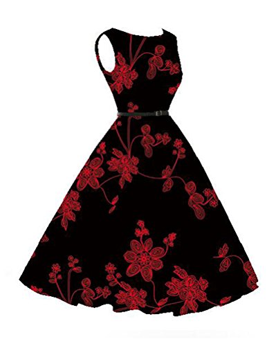 Mujer Hepburn Vintage Vestido Sin Mangas De Cuello Redondo con Correa Rockabilly Fiesta Cóctel Pin Up Swing Vestido De Cuello Redondo