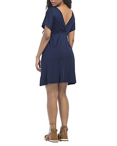 Mujer Tallas Grandes Cuello en V Vestidos Manga Corta Fruncido Plisado Cintura Alta Swing Vestido Azul Oscuro M