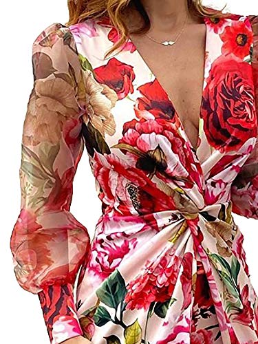 Mujer Vestido Sexy Elegante de Cuello en V Vestidos Delgados de Verano de Manga Larga Transparente con Estampado de Patrones Leopardo/Floral para Casual Boda Fiesta Cóctel Club (Rojo, S)