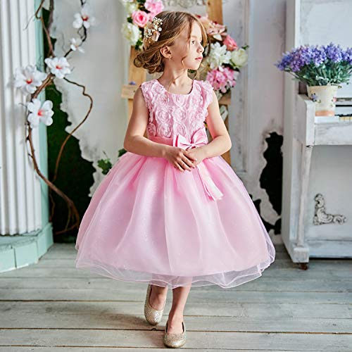 NNJXD Vestido de Fiesta de Princesa con Encaje de Flor de 3D sin Mangas para Niñas Talla(100) 18-24 Meses Rosa