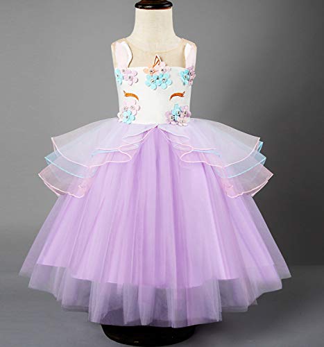 NNJXD Vestido Unicornio de Flor Volantes de Boda y Fiesta Princesa Muchacha Talla (100) 2-3 años 372 Púrpura-A