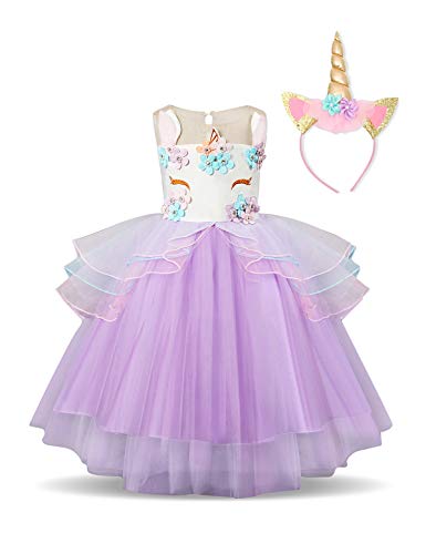 NNJXD Vestido Unicornio de Flor Volantes de Boda y Fiesta Princesa Muchacha Talla (100) 2-3 años 372 Púrpura-A