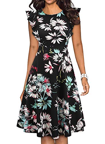 Owin - Vestido de cóctel hasta la Rodilla con Bordado de Flores Florales y Cuello Redondo Vintage para Mujer