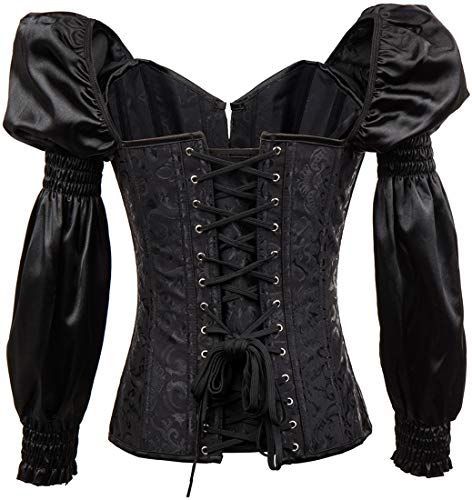 PANOZON Corset Corpiño Mujer Gótico Cortesano Clásico Mangas Largas Steampunk Medieval Corsé de Disfraz (X-Large, A-Negro)