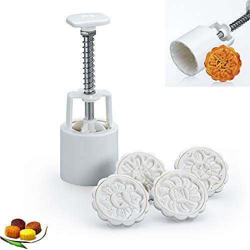 Pasteles redondos Mooncake Mold Cookies Mooncake Mold, Cortadores de galletas 3D Moon Cake Mold, Mooncake Mold Press 50g con 4 sellos de flores Herramientas de decoración para hornear DIY Cookie