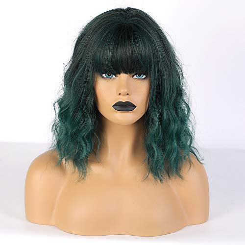 Pelucas de Hombro-Longitud con Flecos Aire, Pelucas Cortos Ondulados de Sintéticos para chica Mujer,Moda Bob Wig de Resistente al Calor, Cosplay Pelucas Verde para Fiesta de Halloween,14.5''